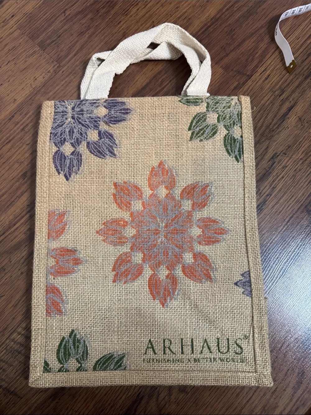 Natural Jute Tote Bag with Orange Floral Design 38.B3
